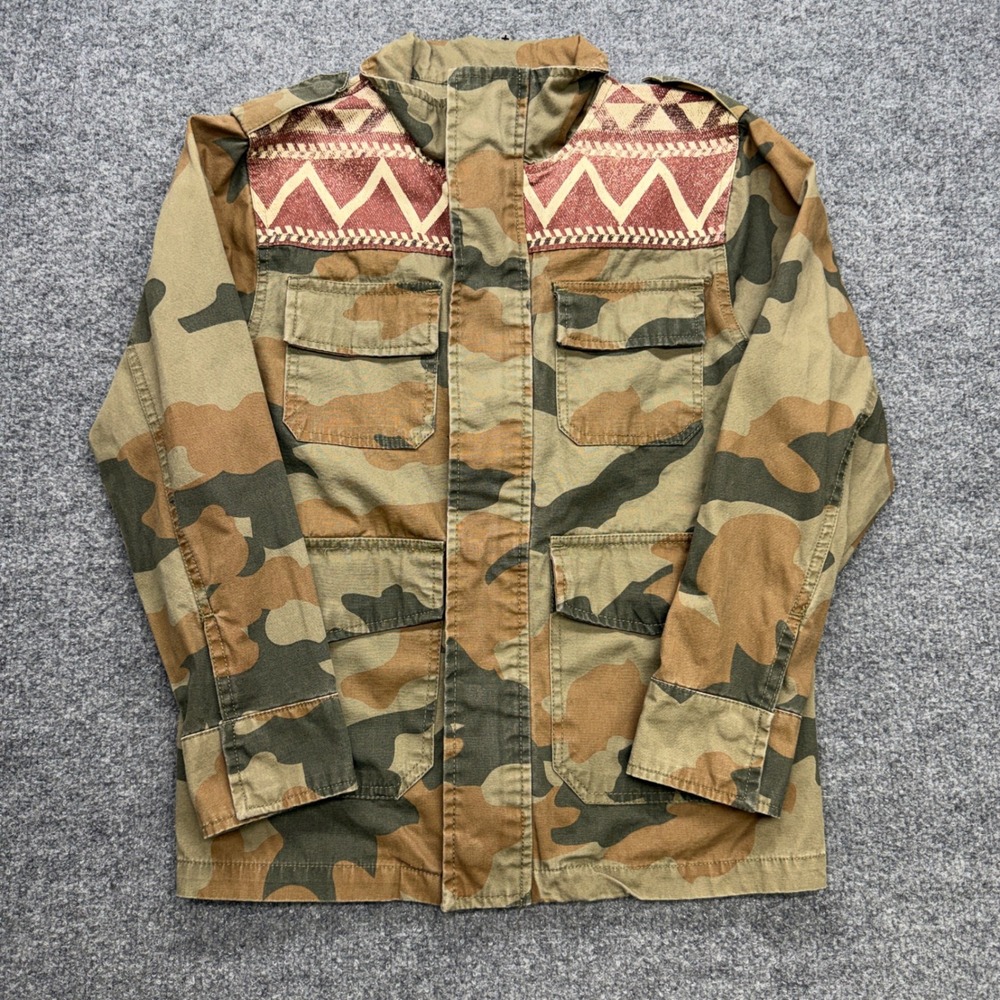 Lucky Brand Camo Military Field Jacket Southwestern Embroidered Yoke Womens S
